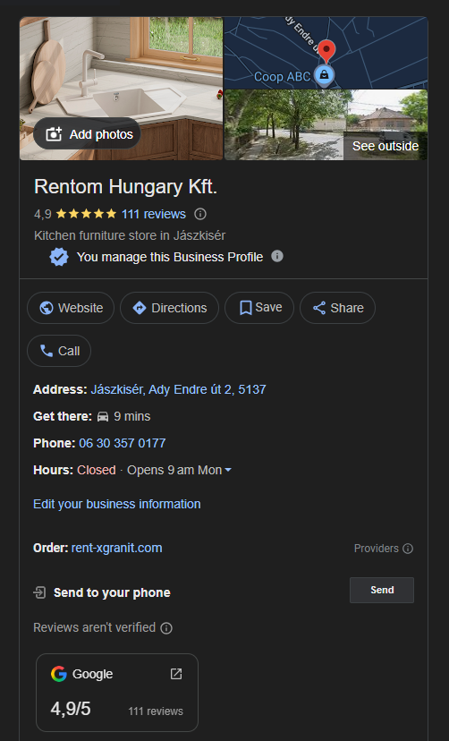 Rentom Hungary Google Business Profile áttekintés